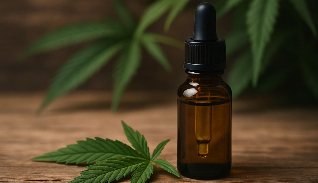Flacon d’huile de CBD en verre ambré posé à côté d’une feuille de chanvre sur une surface en bois, représentant les propriétés naturelles et l’interaction du CBD avec le système endocannabinoïde.   1/2