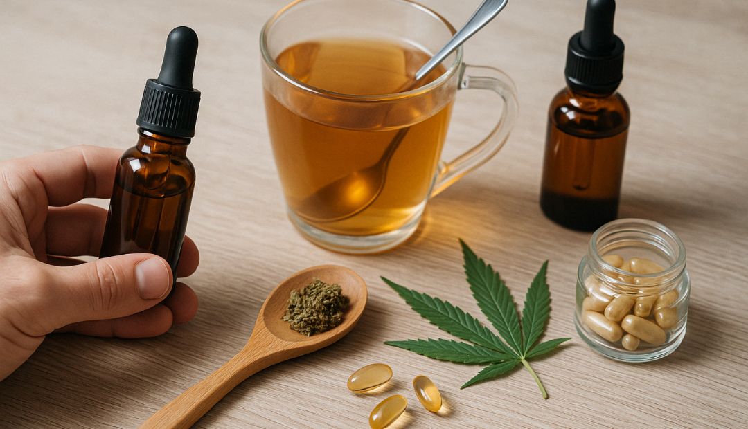 Main tenant un flacon d’huile de CBD, avec tisane, capsules et feuille de chanvre sur une table claire – routine bien-être Chez Baba
