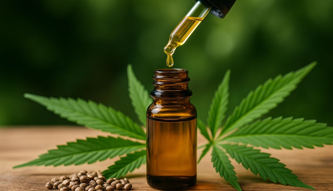 Huile de CBD pressée à froid, goutte en suspension depuis une pipette, entourée de feuilles de chanvre et de graines sur fond boisé naturel