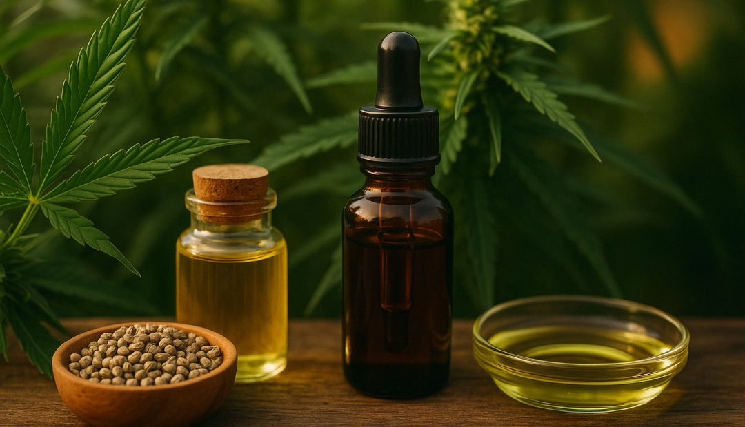 Bouteilles d'huile de CBD sur une surface en bois avec des graines de chanvre, une grande feuille de chanvre et une lumière naturelle qui met en avant l'extraction et l'infusion du CBD