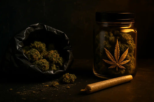Image premium en format paysage montrant un contraste entre cannabis du marché noir dans un sac plastique sombre et cannabis de qualité dans un bocal en verre avec feuille dorée, illustrant l’avis de Baba sur le delta 9 THC vs THC+.