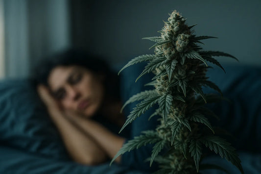 Tête de CBD posée sur une table en bois dans une chambre tamisée, ambiance chaleureuse et propice au sommeil naturel