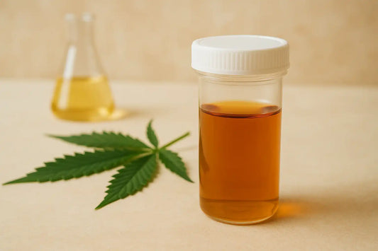 “Récipient d’analyse d’urine sur fond neutre, illustrant la détection du THC dans l’urine.”
