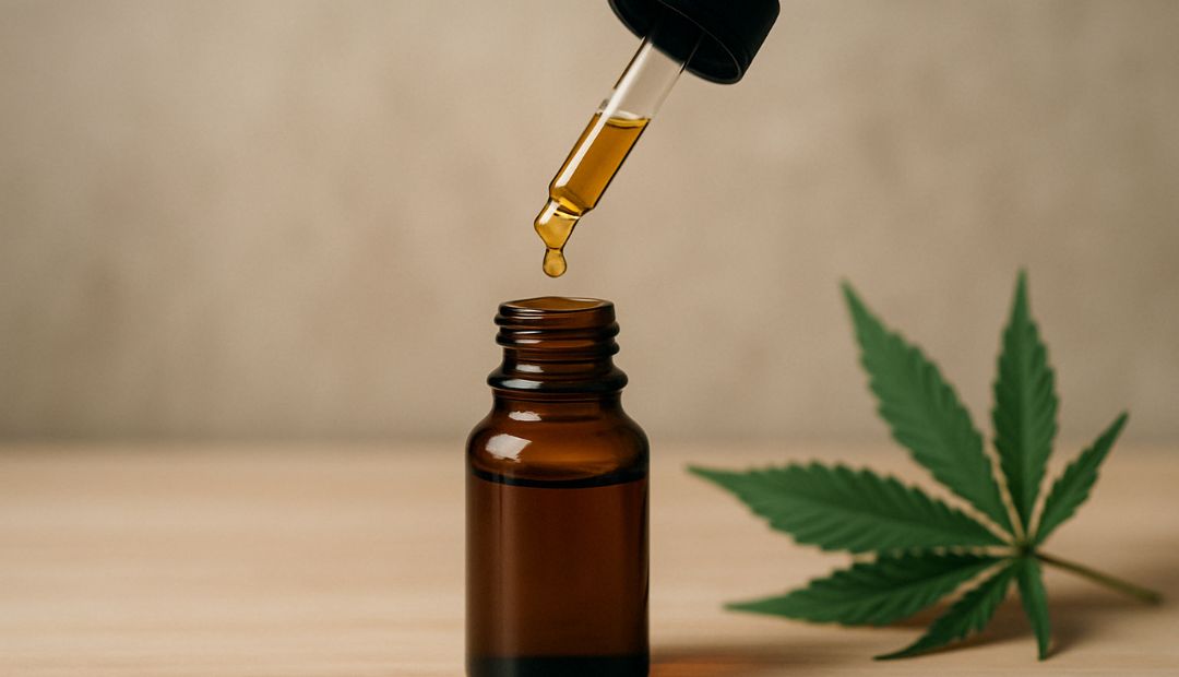 Flacon d’huile de CBD en verre ambré posé à côté d’une feuille de chanvre sur une surface en bois, représentant les propriétés naturelles et l’interaction du CBD avec le système endocannabinoïde.   1/2