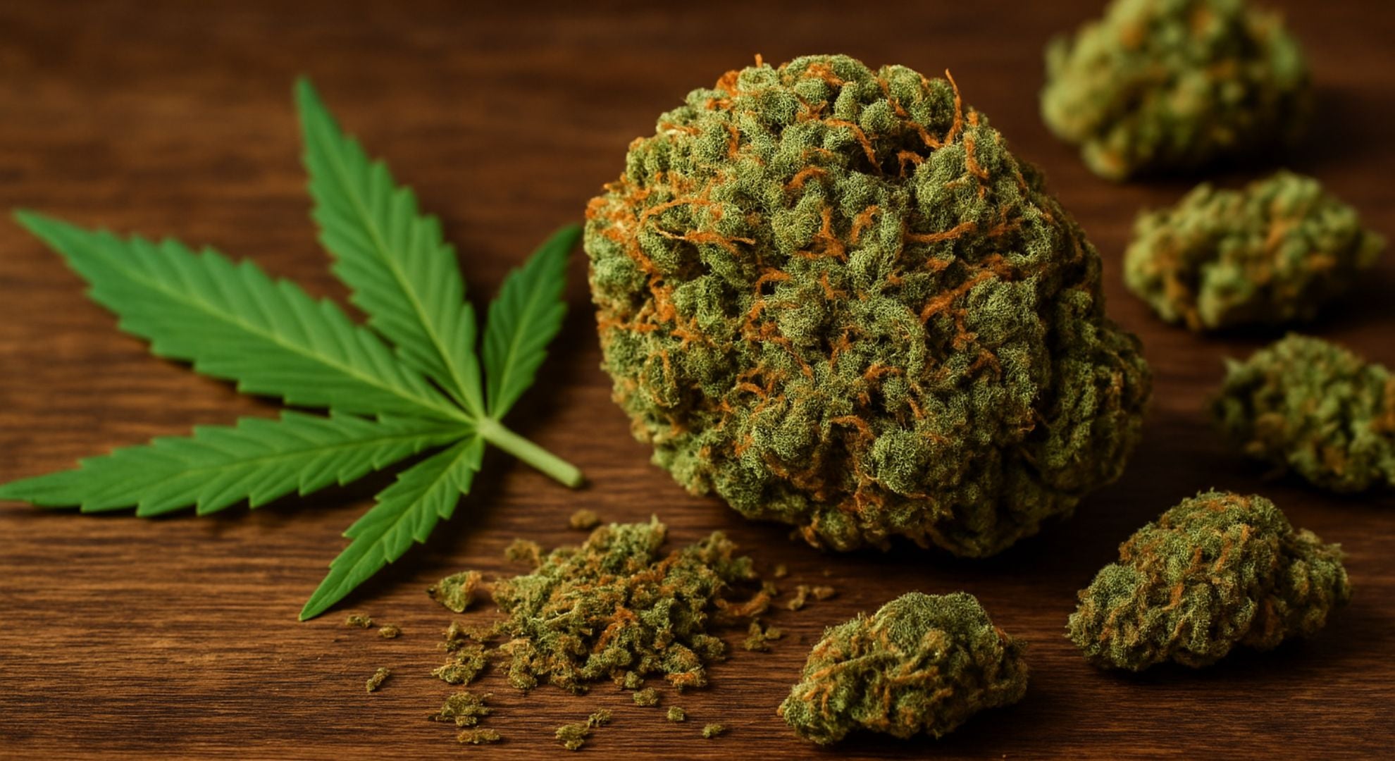 Gros plan sur une tête de cannabis riche en trichomes avec feuille de chanvre sur fond en bois, illustrant un produit naturel dans le cadre de la législation du HHC