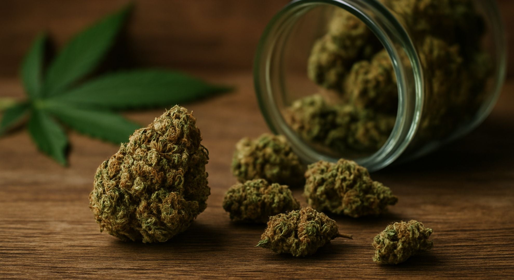 Têtes de fleurs de CBD premium sur une table en bois avec bocal en verre renversé et feuille de chanvre en arrière-plan, illustrant un produit naturel et authentique