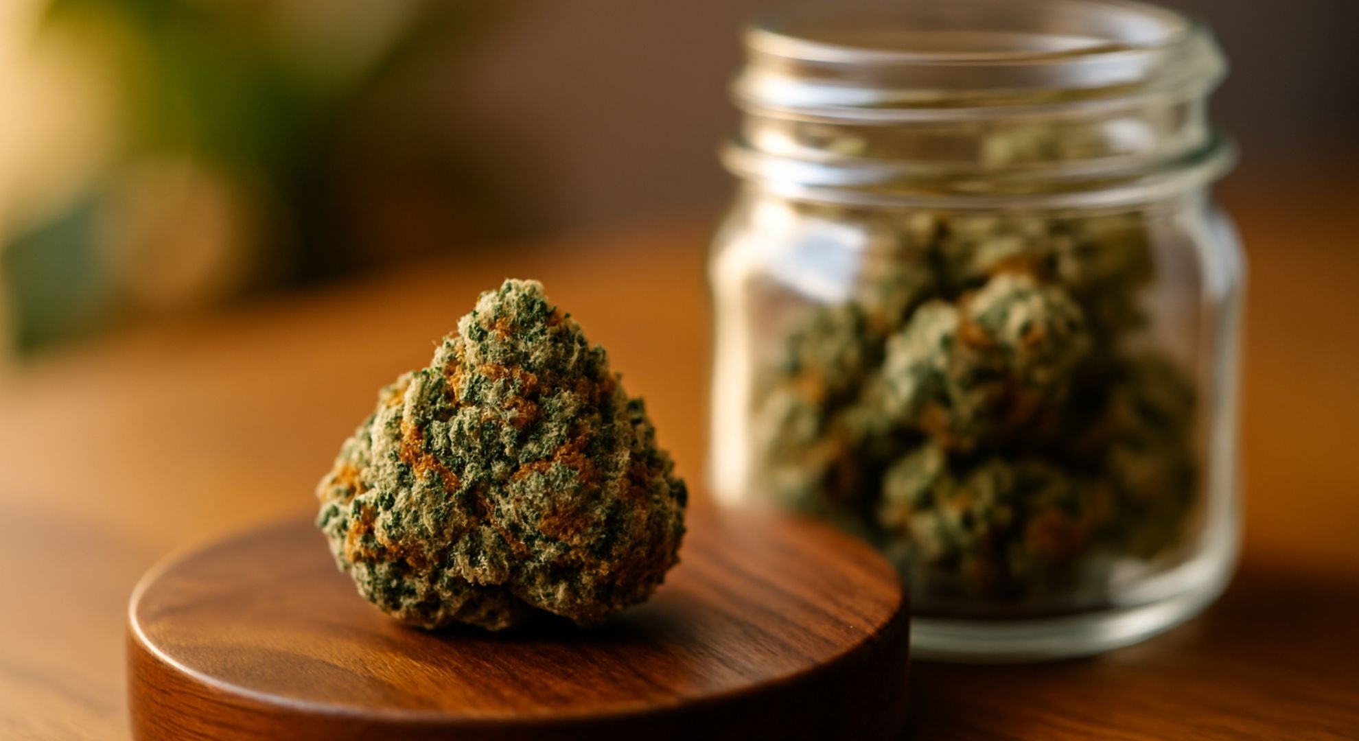 Gros plan professionnel d’une tête de cannabis bien manucurée, posée sur un support en bois avec un bocal rempli de buds en arrière-plan, éclairage naturel chaleureux