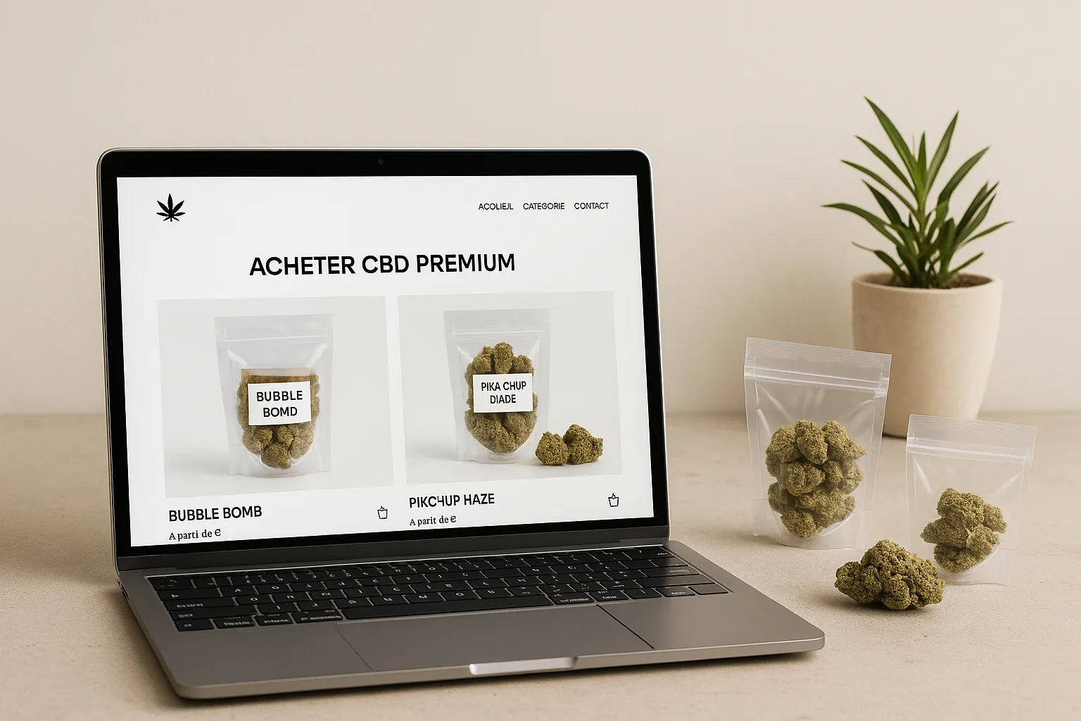 Photo d’un site e-commerce premium vendant du THC+ légal en France, ambiance claire et rassurante