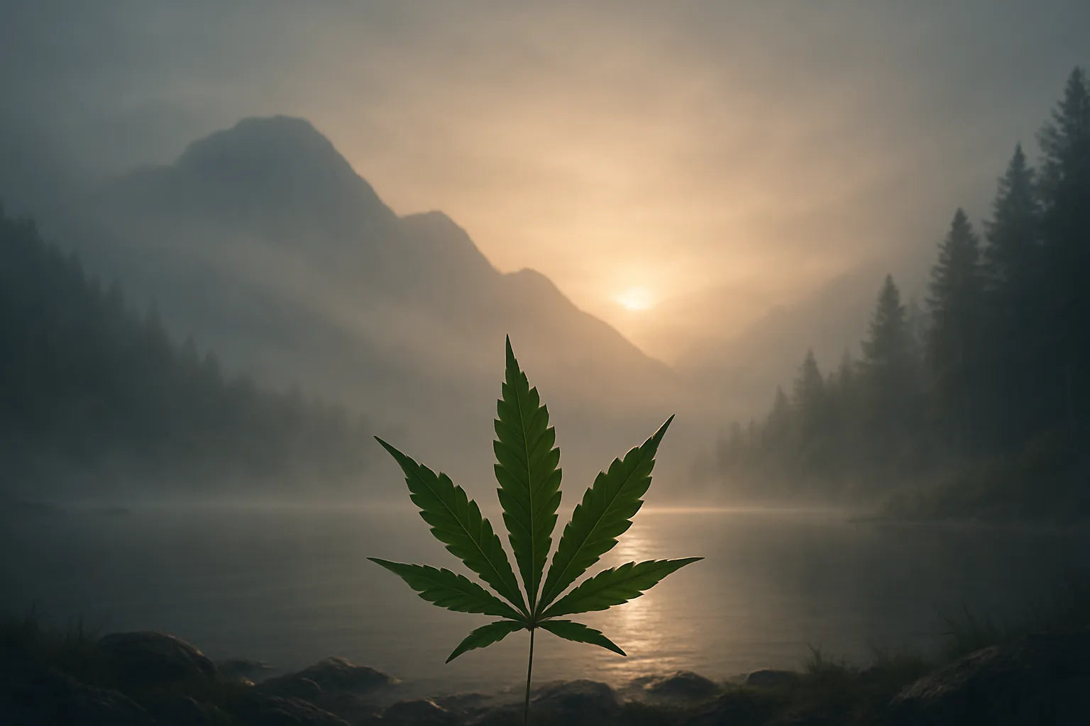 Plante de cannabis en premier plan avec une femme endormie à l’arrière-plan, éclairage doux et ambiance de nuit paisible