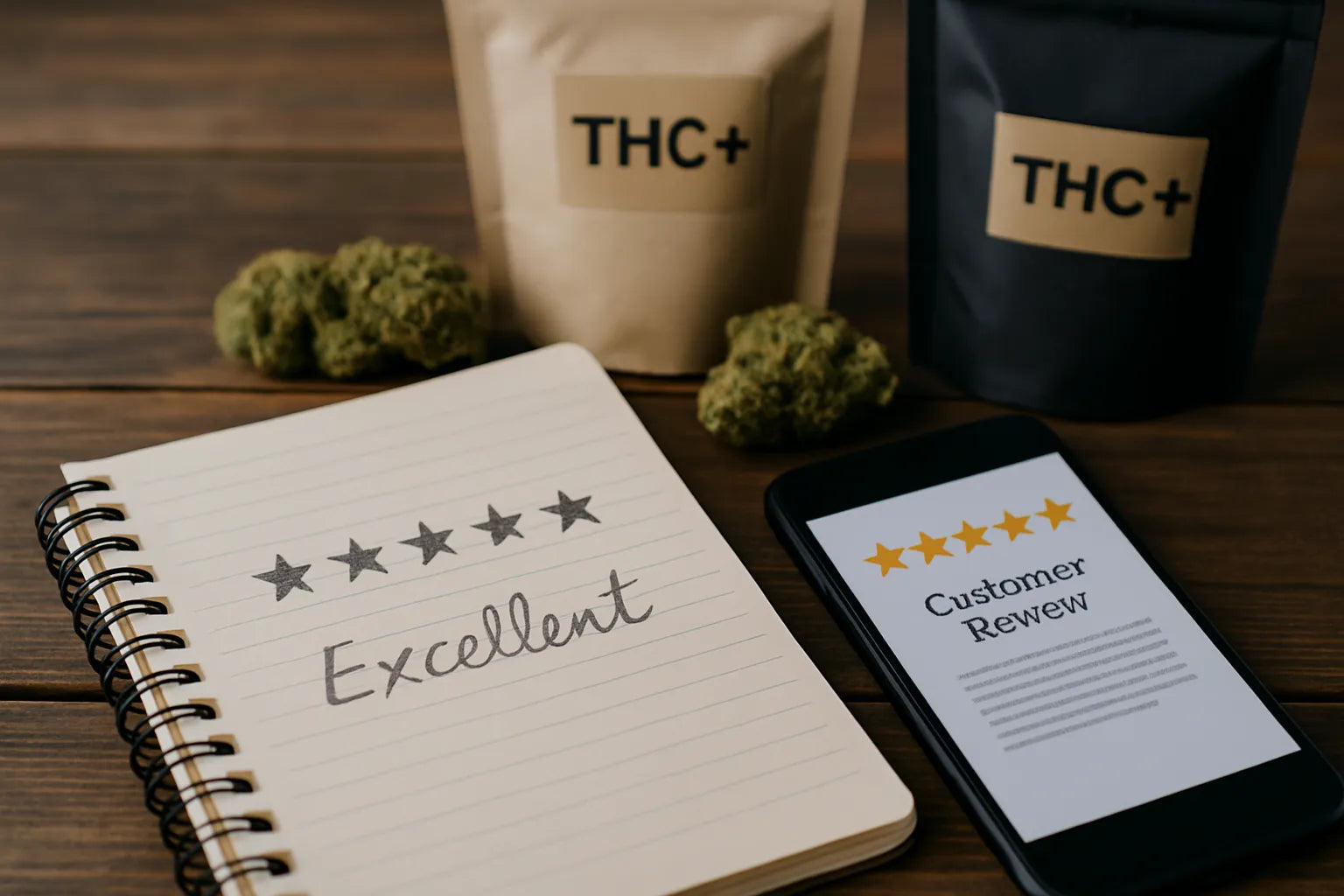 Image de retours clients sur le THC+, ambiance naturelle avec carnet d’avis et pochons premium en fond