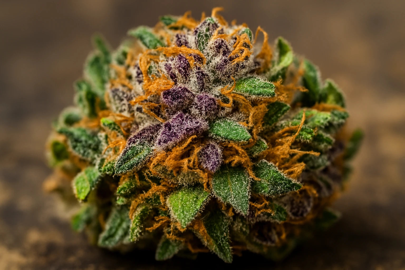 Macro d’un bourgeon de cannabis compact aux tons violets, verts et orangés, représentant la puissance des produits THC+ chez baba