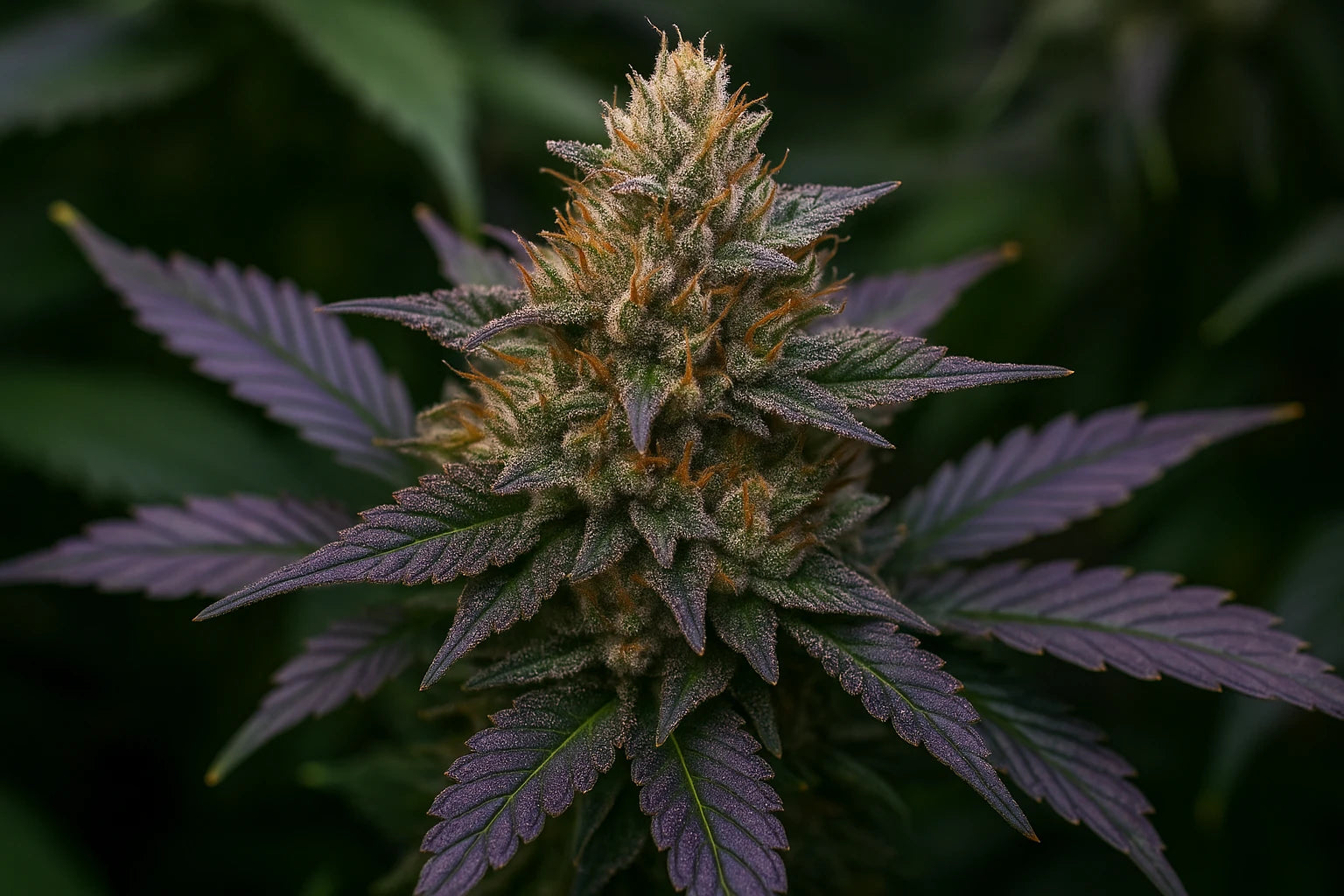 Fleur de CBD premium aux reflets violets et trichomes scintillants – collection THC+ Chez Baba