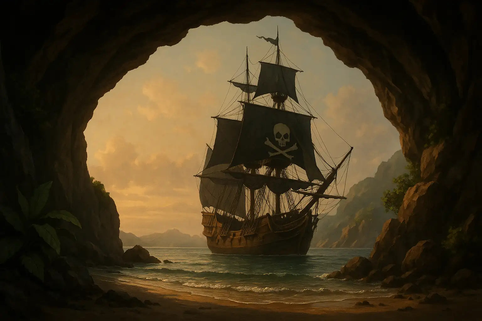 Navire pirate à voiles noires avec pavillon tête de mort, vu depuis une grotte donnant sur une baie tropicale au coucher du soleil.