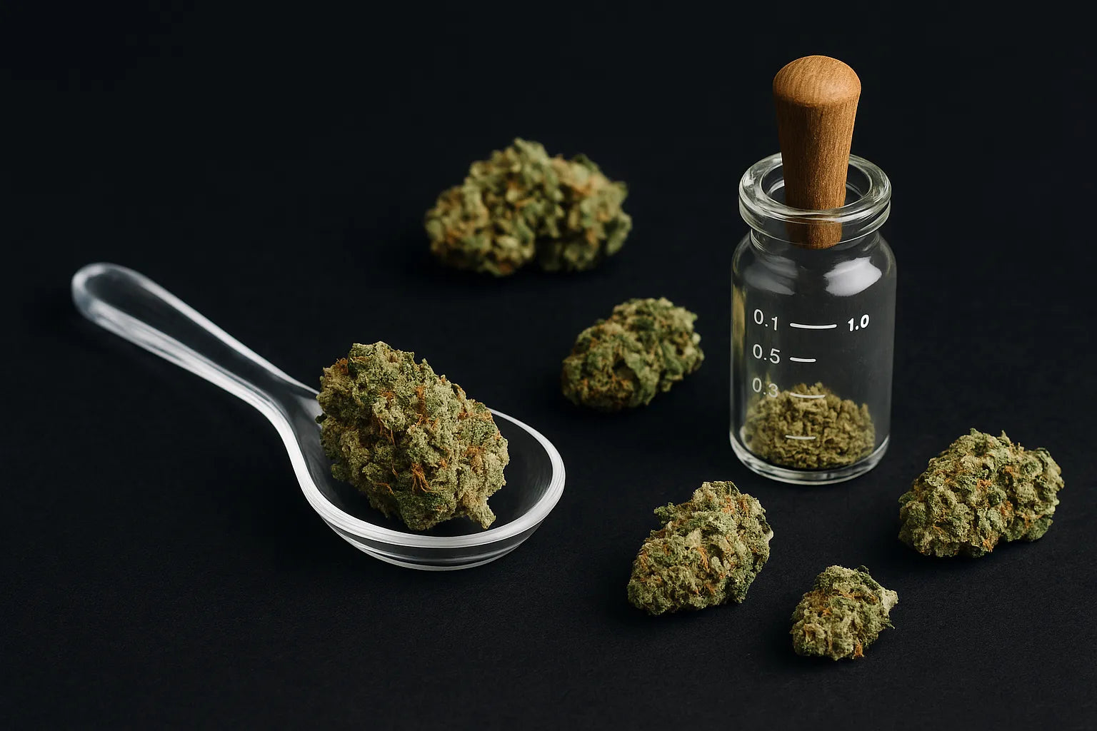 Dosage précis de fleurs de cannabis THC+ posées à côté d’une balance en verre