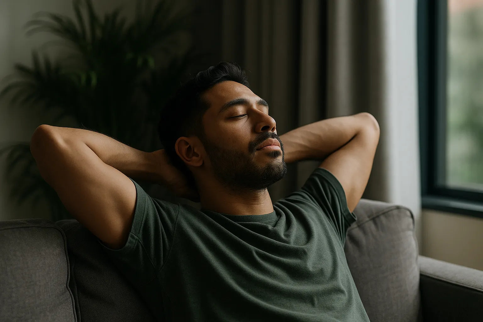 Photographie d’un homme détendu allongé sur un canapé, ambiance apaisée, illustrant les effets secondaires légers du THC+