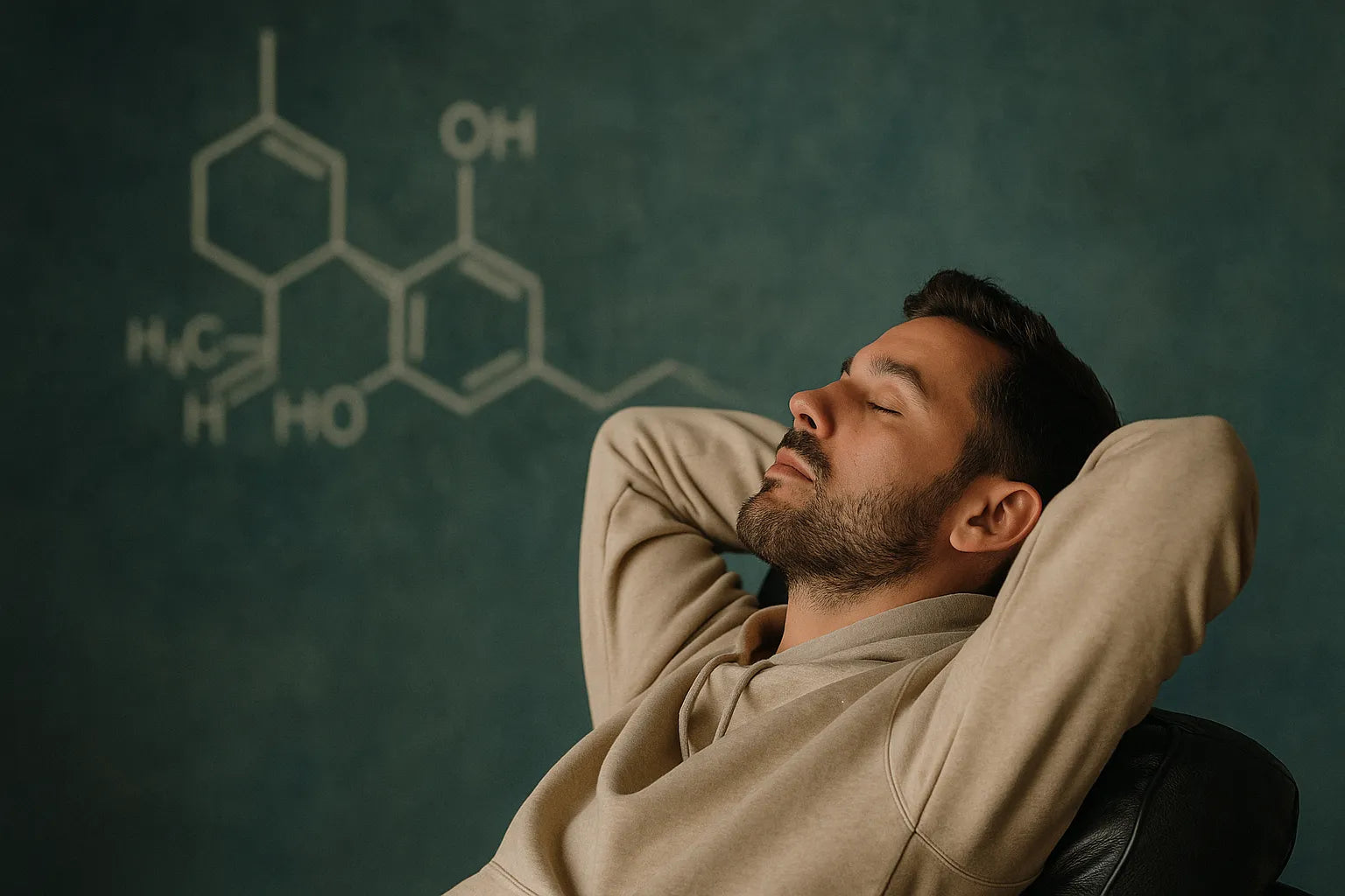 Homme détendu en extérieur, ambiance relaxante sous lumière naturelle, illustrant les effets du THC+