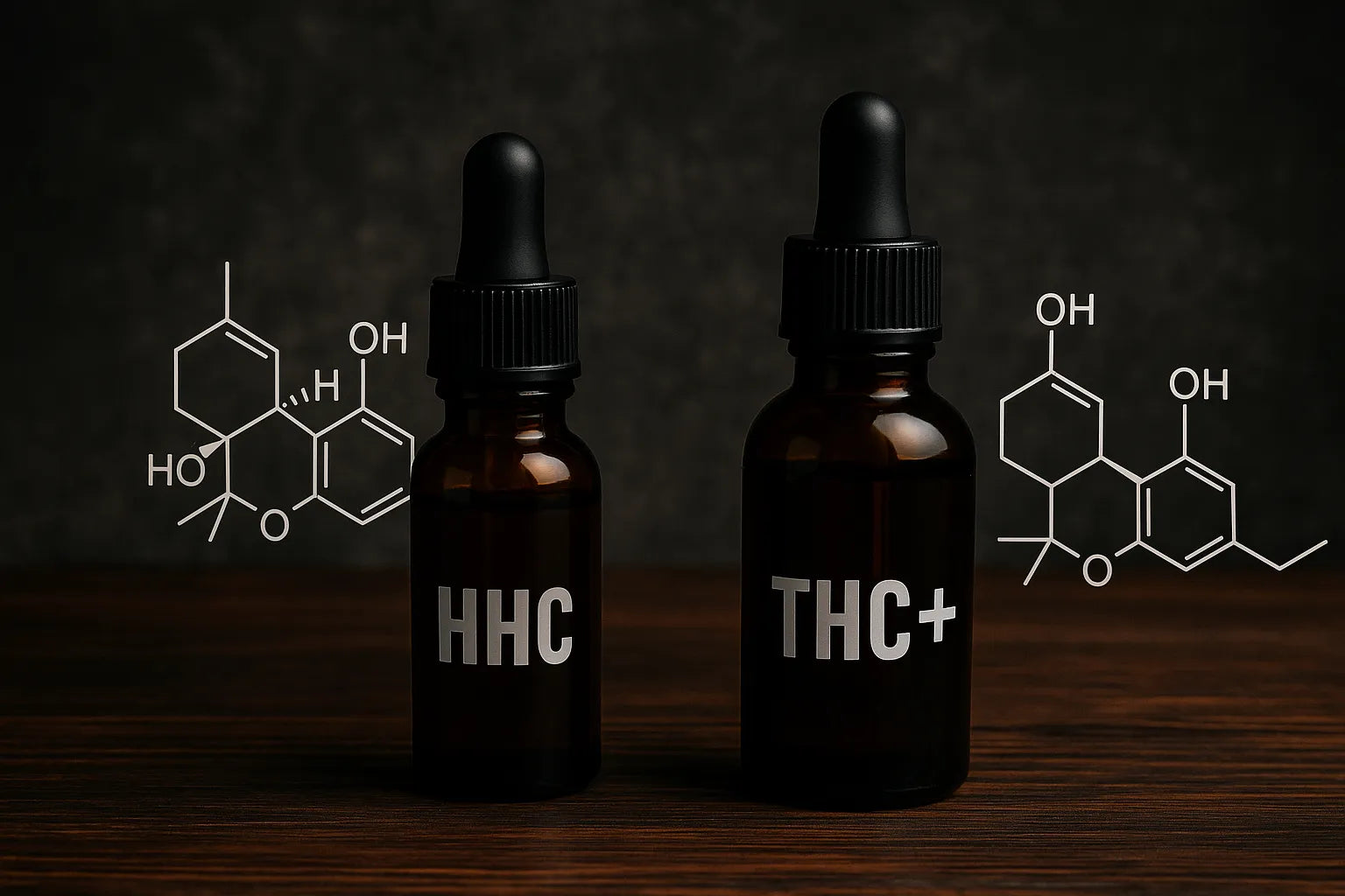 Flacons d’extraits végétaux évoquant le 10ohhhc et THC+, sur fond naturel et lumière tamisée