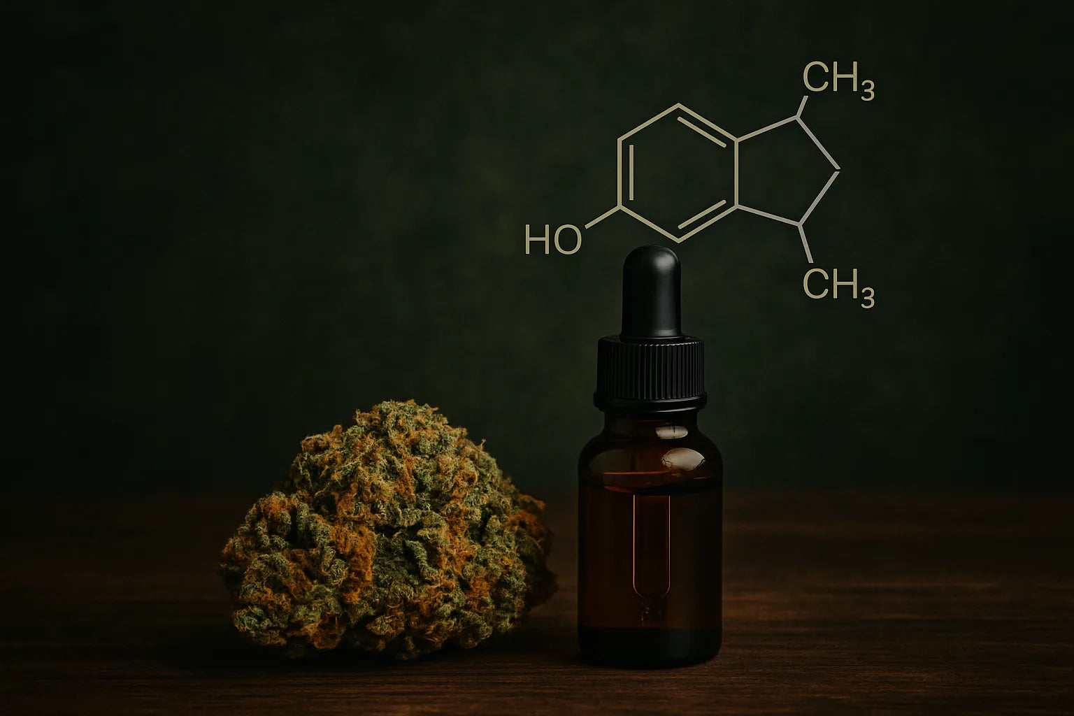 Fleur de cannabis, flacon d’huile HHC et molécule sur fond sombre et boisé