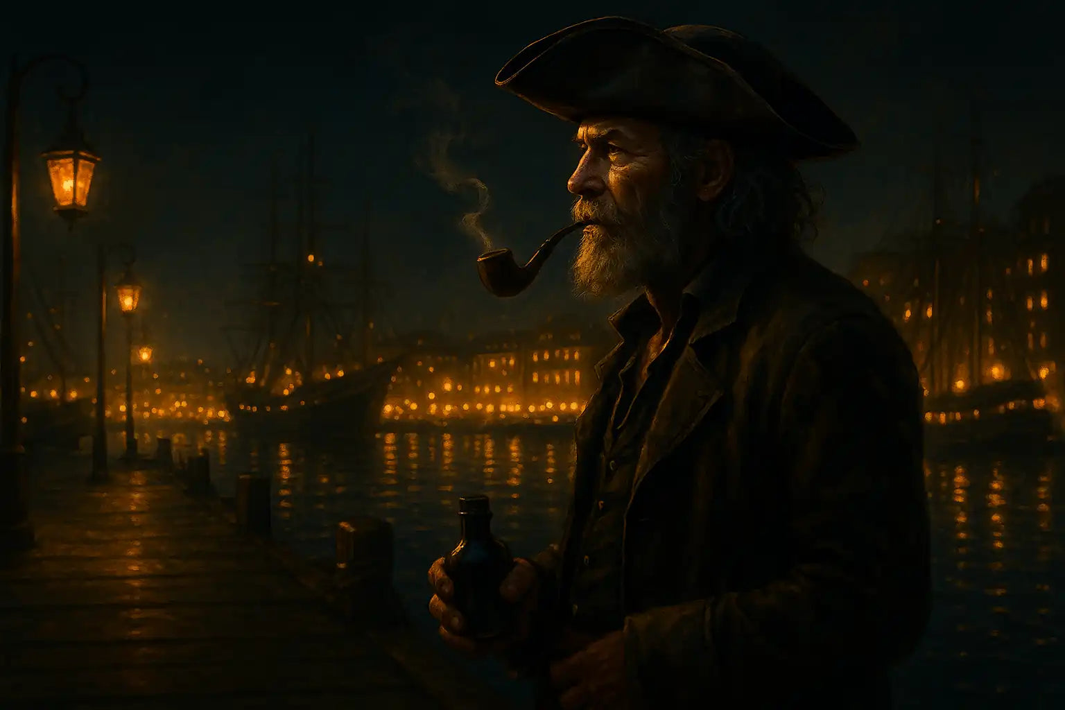 Vieil homme pirate sur un port illuminé la nuit, regardant l’horizon avec sa pipe, symbolisant la liberté et l’esprit premium du THC+ Chez Baba.