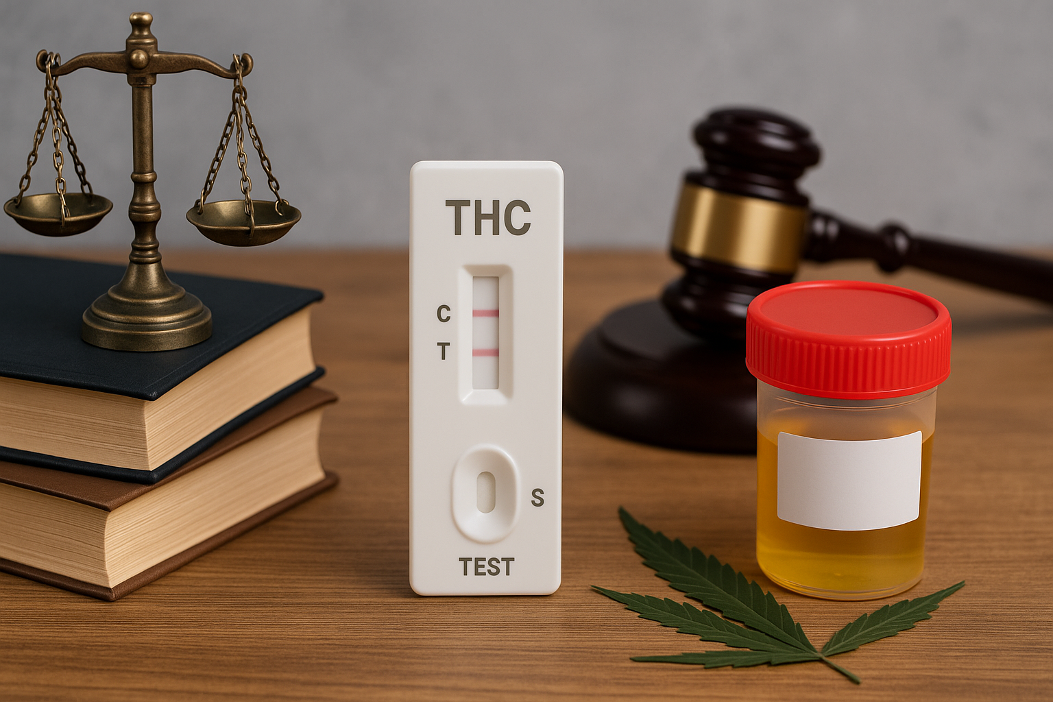 Test THC, échantillon urinaire et symboles juridiques sur table en bois — illustration des contrôles et législation