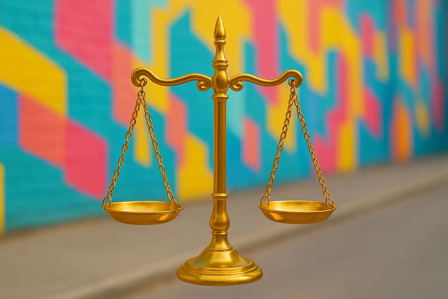 Balance de justice dorée devant un mur graffiti urbain coloré, format paysage street-luxe premium.
