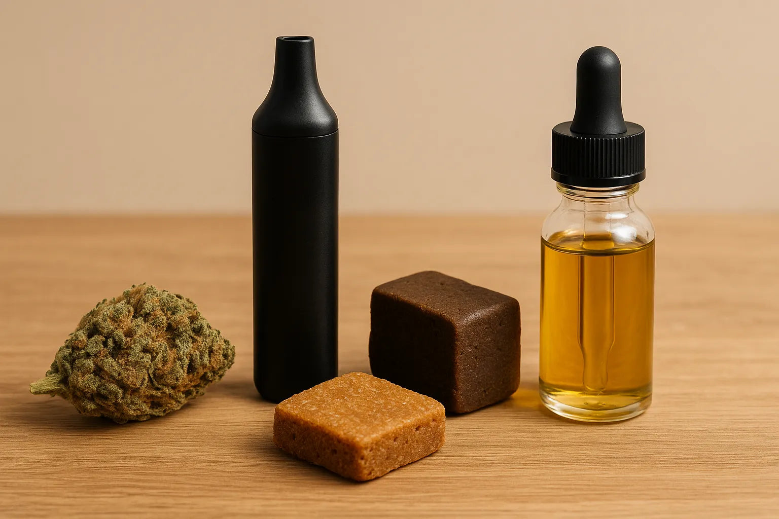 “Fleurs, résines, edibles et huiles CBD disposés sur table en bois – illustration des différentes méthodes d’usage et de leur impact sur la détection du THC dans l’urine.