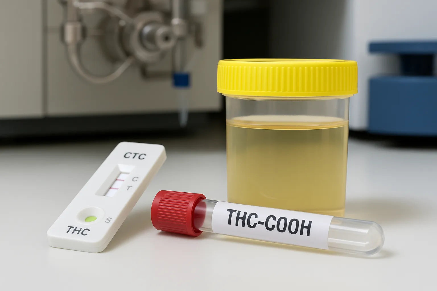 Analyse urinaire en laboratoire avec flacon d’échantillon et test de dépistage du THC-COOH, métabolite détecté lors des tests urinaires