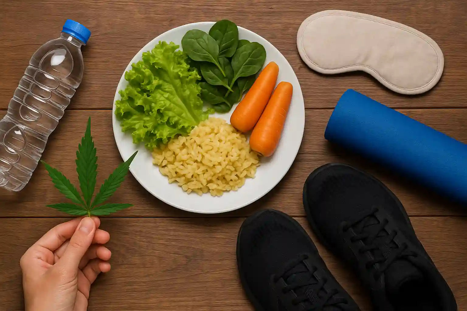 Routine bien-être : hydratation, alimentation légère, repos et activité douce pour élimination naturelle du THC – illustration premium Chez Baba