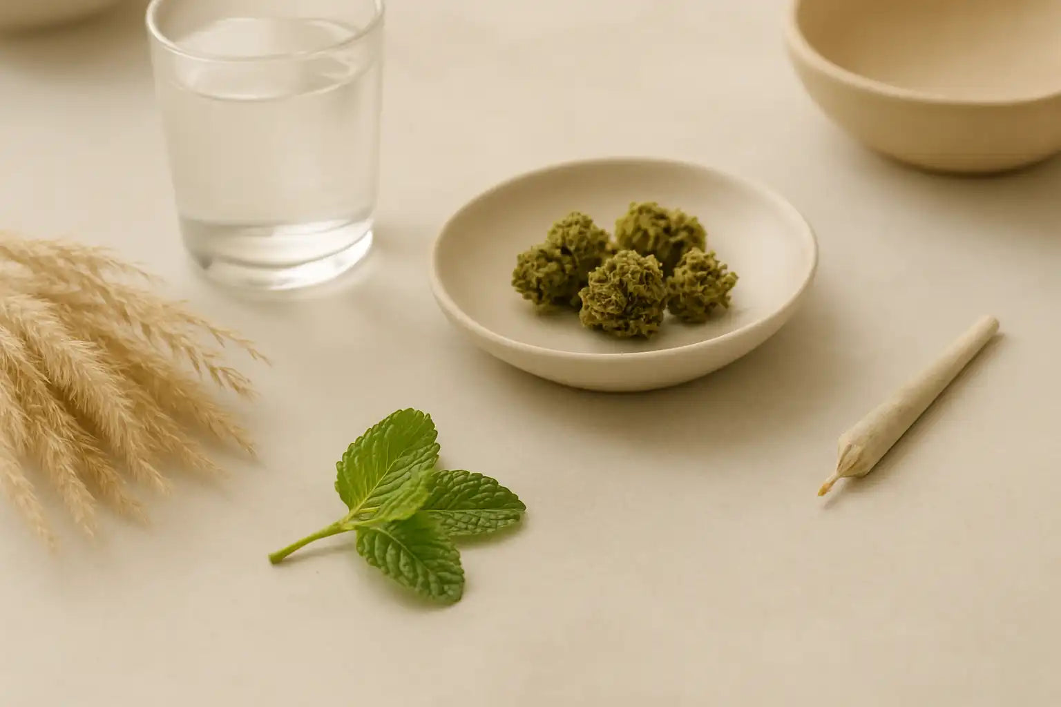 Accessoires naturels CBD sur fond épuré