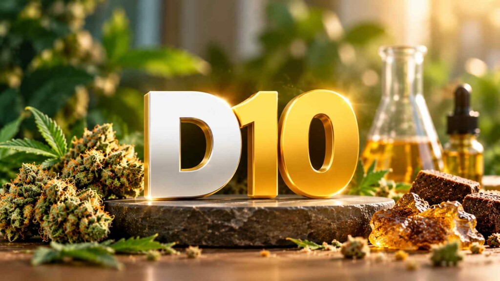 Illustration du D10 entouré de fleurs et de résines de chanvre.