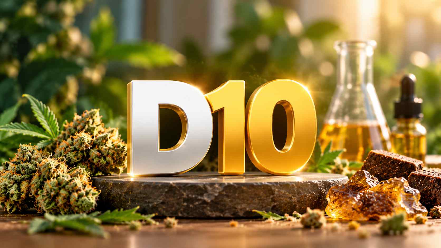 Illustration du D10 entouré de fleurs et de résines de chanvre.
