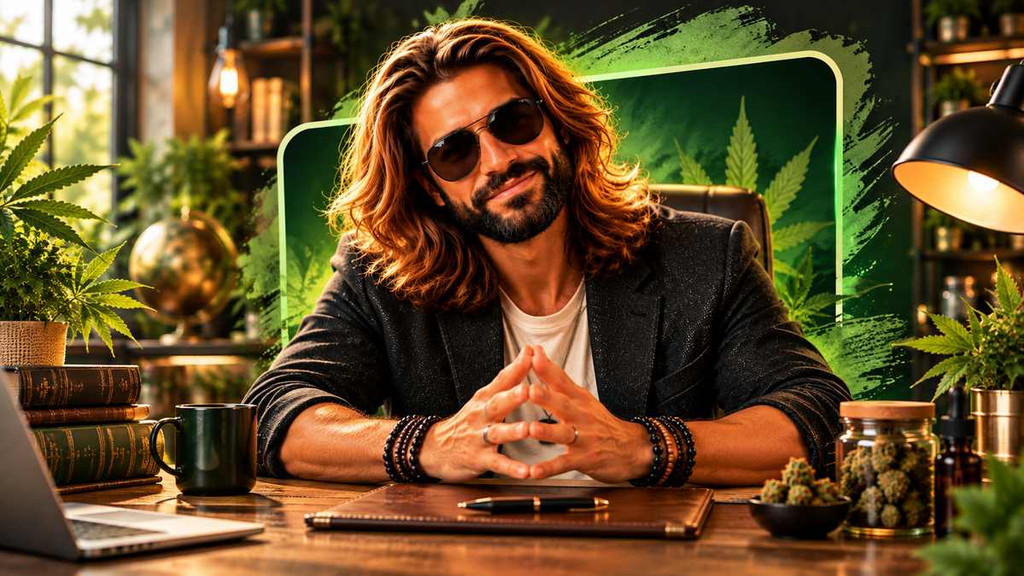 Baba, personnage de Chez Baba, assis à son bureau dans un décor vert élégant, les mains jointes, partageant son avis et ses conseils sur les cannabinoïdes.