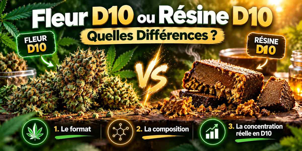 Comparaison entre fleur D10 et résine D10 : différences de format, de composition et de concentration réelle en D10.