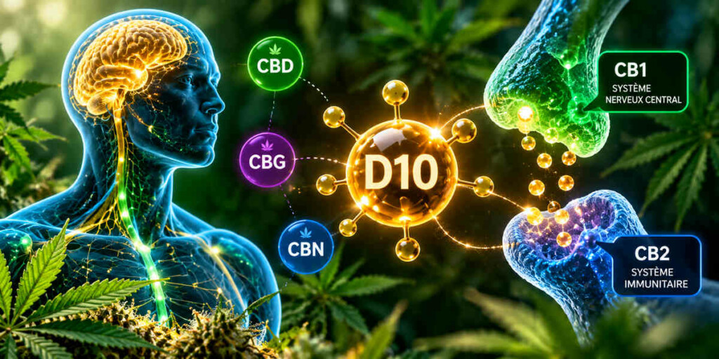 Fonctionnement du D10 et interaction des cannabinoïdes avec le système endocannabinoïde.