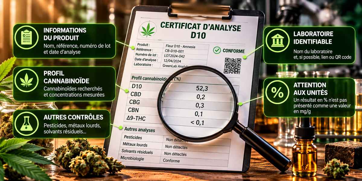 Analyse du D10 : certificat de laboratoire présentant les concentrations et la composition en cannabinoïdes.