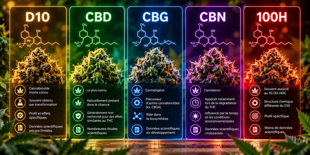 Comparatif D10, CBD, CBG, CBN et 10OH : illustration des différentes familles de cannabinoïdes.
