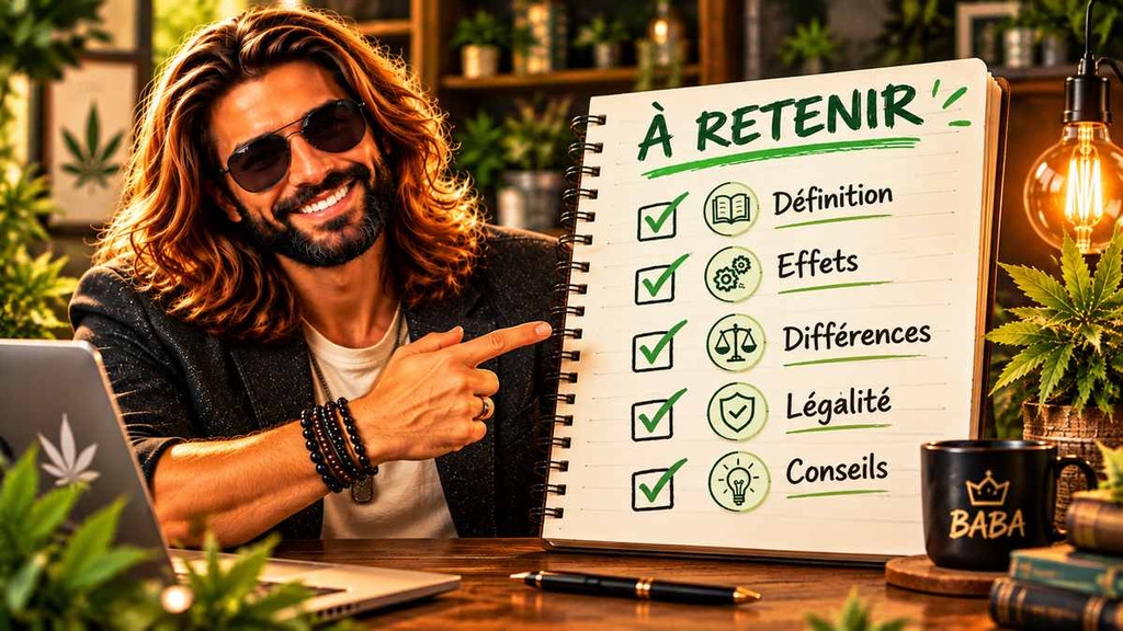 Baba, personnage de Chez Baba, présente les 5 points essentiels à retenir sur le D10 : définition, effets, différences entre cannabinoïdes, légalité et conseils, sur un carnet à cases cochées. Copier