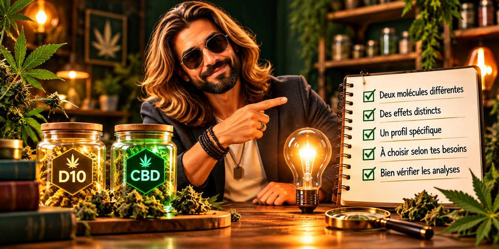 Baba présente les principales différences entre D10 et CBD à l’aide d’une checklist : composition, effets, profils des cannabinoïdes et analyses de laboratoire.