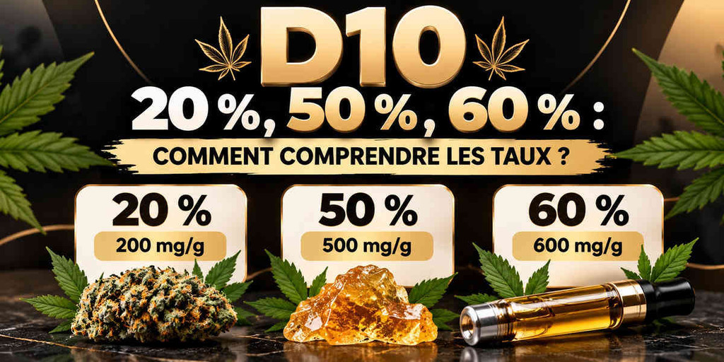 D10 20 %, 50 % et 60 % : comparaison des taux de Delta-10 avec leurs concentrations respectives de 200, 500 et 600 mg/g.