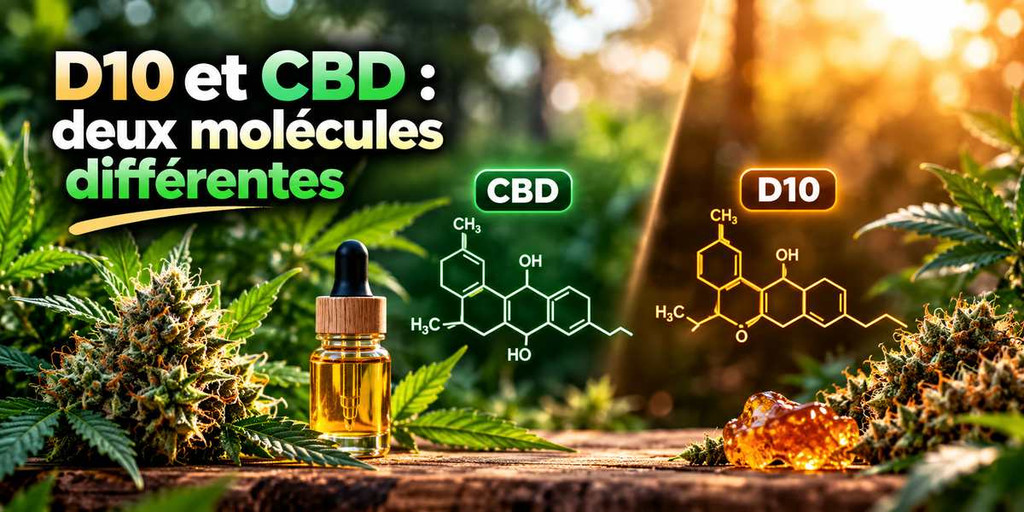 Comparaison visuelle du D10 et du CBD, deux cannabinoïdes aux structures moléculaires différentes