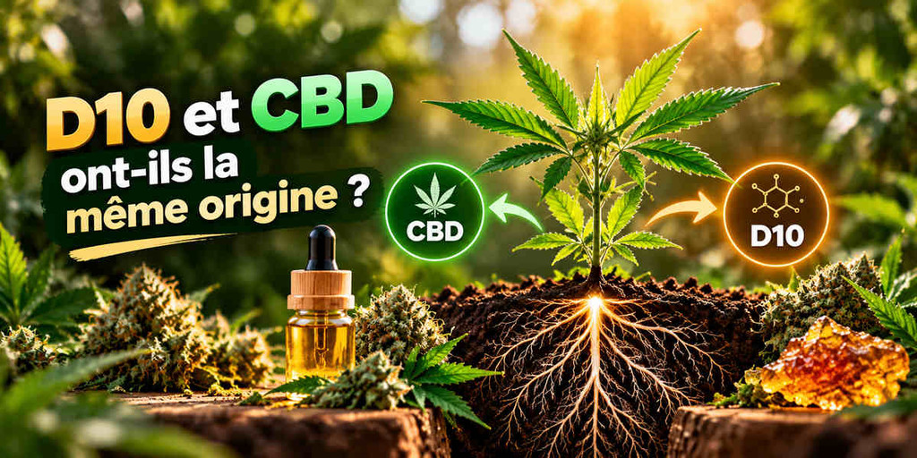 D10 et CBD ont-ils la même origine ? Illustration d'un plant de chanvre avec ses racines, entouré de fleurs, d'huile de CBD et de résine D10, pour comparer leur origine.