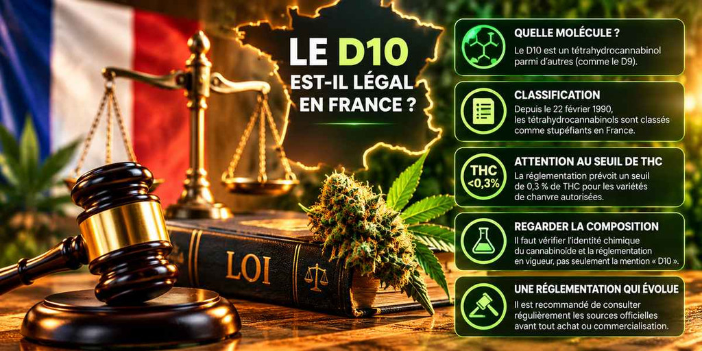 Infographie sur la légalité du D10 en France en 2026, avec drapeau français, marteau de justice et explications sur la classification des cannabinoïdes, le seuil de 0,3 % de THC et la réglementation. Copier