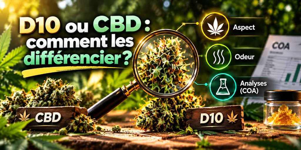 Comparaison D10 et CBD avec une loupe sur une fleur de chanvre et les critères aspect, odeur et analyses COA