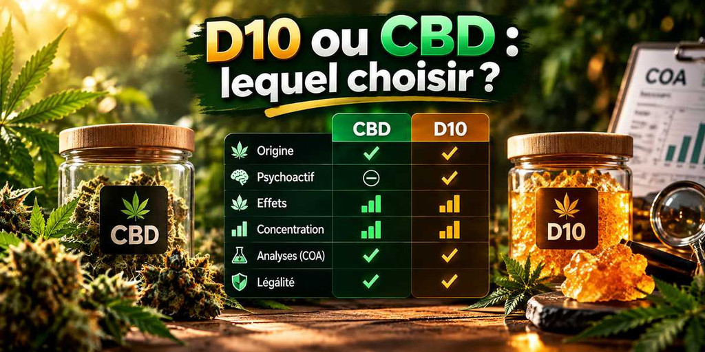 Comparatif D10 ou CBD avec fleurs de chanvre, résines et critères de choix