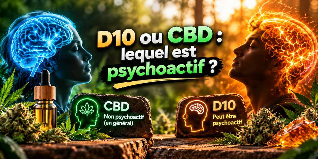 Comparaison de la psychoactivité du D10 et du CBD, illustrée par deux profils humains et leurs cerveaux