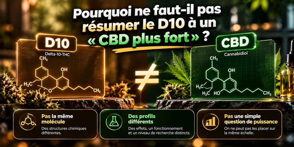 Comparaison entre D10 et CBD expliquant pourquoi le Delta-10-THC n'est pas simplement un CBD plus puissant