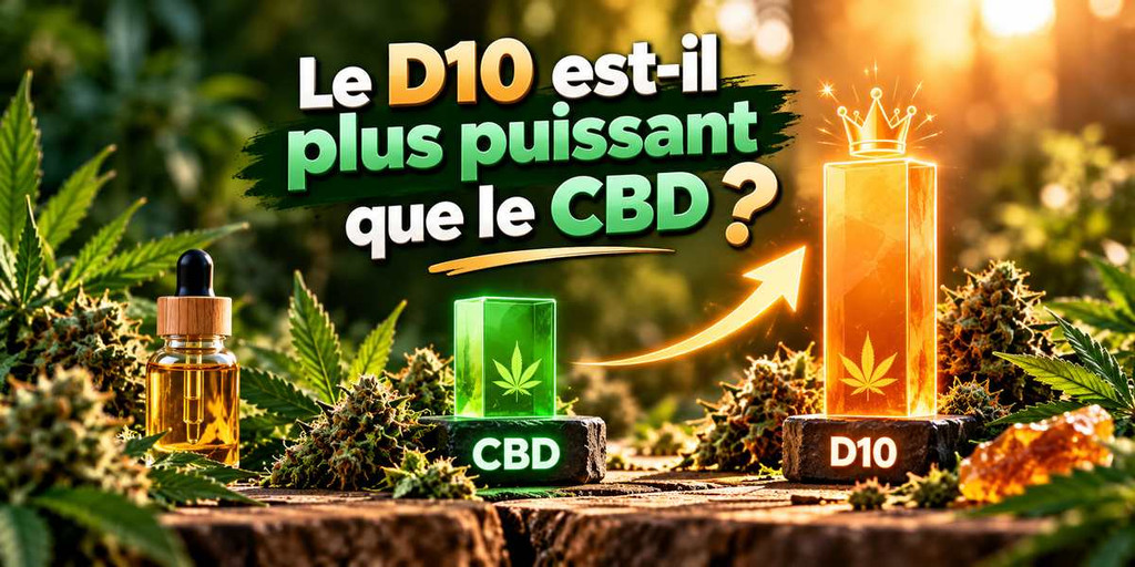 Comparaison de la puissance du D10 et du CBD avec deux barres illustratives et des fleurs de chanvre