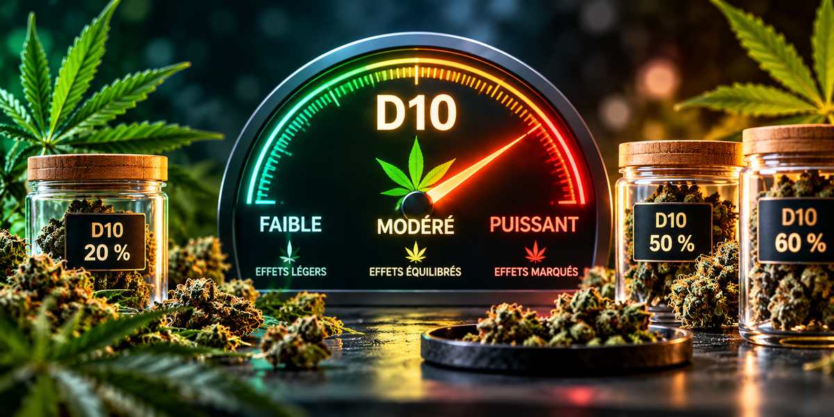 Jauge illustrant la puissance du D10, avec des produits affichant des concentrations de 20 %, 50 % et 60 %.