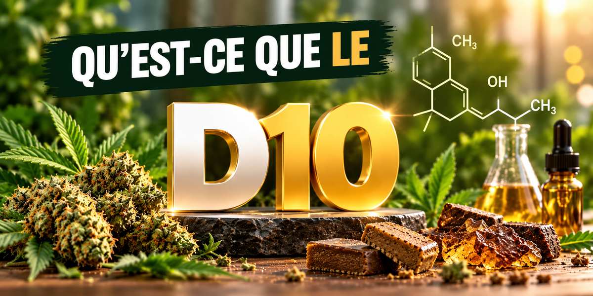 Illustration du D10 (Delta-10) avec fleurs de chanvre, résine, huile et matériel de laboratoire.