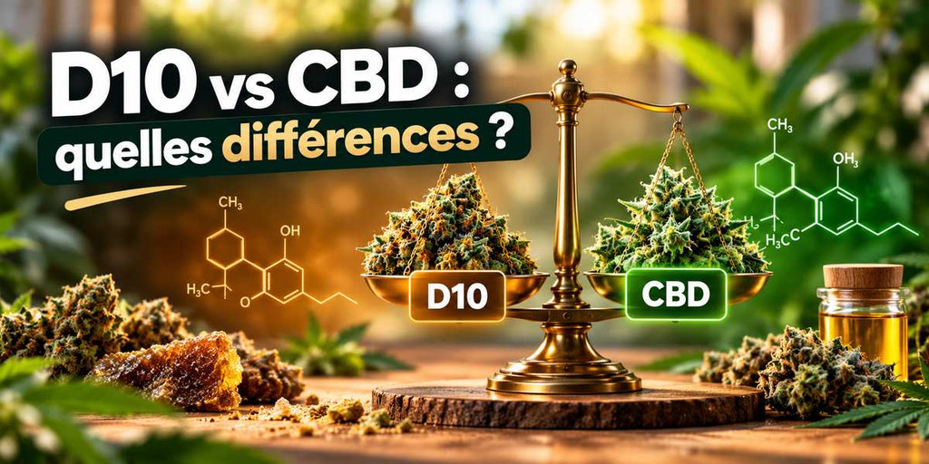 Comparaison D10 vs CBD avec une balance illustrant les différences entre les deux cannabinoïdes